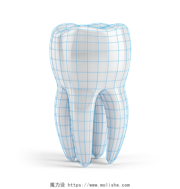 白色背景上有蓝线的立体牙齿牙用铁丝上白色孤立。牙齿的 3d 图标。牙齿保护的概念。健康、 医疗、 牙科医生、 牙科诊所或牙医符号